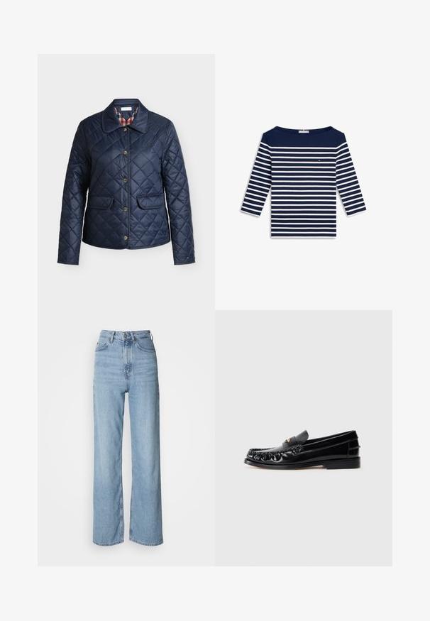 Veste matelassée bleu marine avec ouverture à boutons, deux poches à rabat, manches longues et doublure intérieure à carreaux visible au niveau du col.; Chemise à manches longues rayée bleu marine et blanc avec encolure bateau et petit logo sur la poitrine.; Jean taille haute bleu clair avec une jambe droite, en denim, présentant une fermeture à bouton sur le devant et des détails de décoloration subtils.; Mocassins en cuir noir avec un bout arrondi, des coutures décoratives et un petit accent doré sur le dessus. Semelle en caoutchouc plate, design épuré.