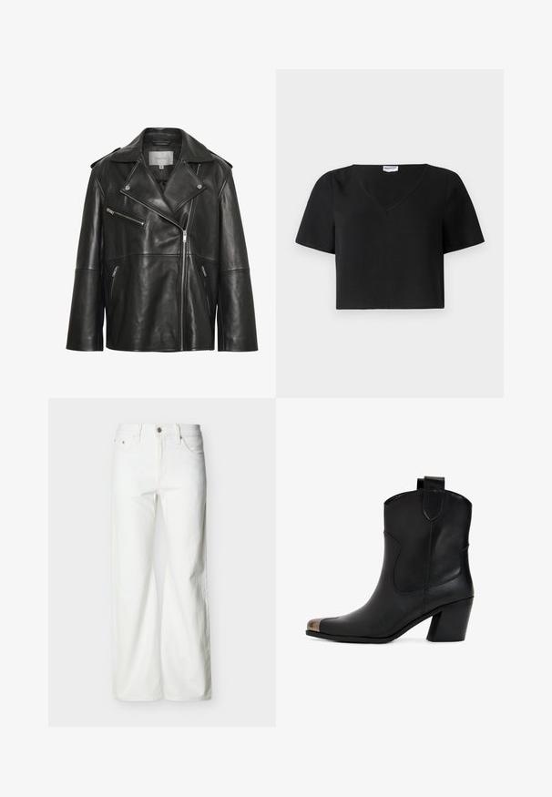 Schwarze Lederjacke mit weitem Reverskragen, asymmetrischem Frontreißverschluss und mehreren Reißverschlusstaschen. Glatte Textur und tailliertes Design.; Schwarzes, kurz geschnittenes Top aus strukturiertem Stoff mit V-Ausschnitt, kurzen Ärmeln und geradem Saum. Einfaches Design mit minimalen Akzenten.; Weiße Jeans mit hohem Bund und geradem Bein, vorne mit Knopf- und Reißverschluss sowie seitlichen und hinteren Taschen, vor einem schlichten hellen Hintergrund.; Schwarzer Leder-Stiefelette mit leichtem Absatz, spitz zulaufender Spitze und metallischer Kappe. Schlichte Nahtführung und Zuglasche an der Rückseite.