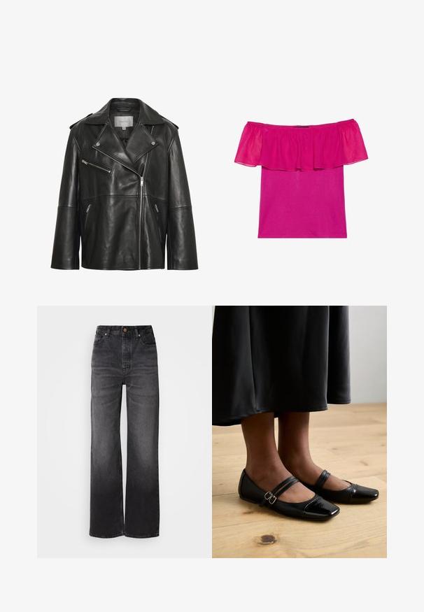 Sort læderjakke med bredt revers med hak, asymmetrisk frontlynlås og flere lynlåslommer. Glat tekstur og tætsiddende design.; Anna Field T-shirts print - festival fuchsia; Sorte afslappede jeans med høj talje, fem lommer, knaplukning og en subtil falmet tekstur. Tyk stof med en struktureret pasform.; Sorte laklæder flade sko med firkantet tå, der har to stropper med spænder. Sålerne er flade på et lyst trægulv.