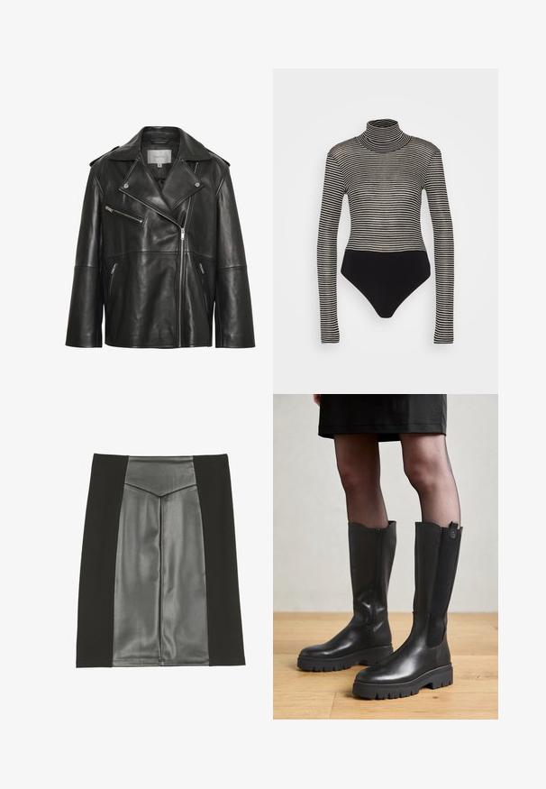 Veste en cuir noire avec un large col cranté, une fermeture éclair frontale asymétrique et plusieurs poches zippées. Texture lisse et coupe ajustée.; Anna Field by Zalando T-shirt à manches longues - black/beige; Anna Field by Zalando Jupe trapèze - black; Bottes noires jusqu'au genou avec un extérieur en cuir lisse, des panneaux latéraux en élasthanne et une semelle en caoutchouc épaisse avec un motif de semelle texturé.