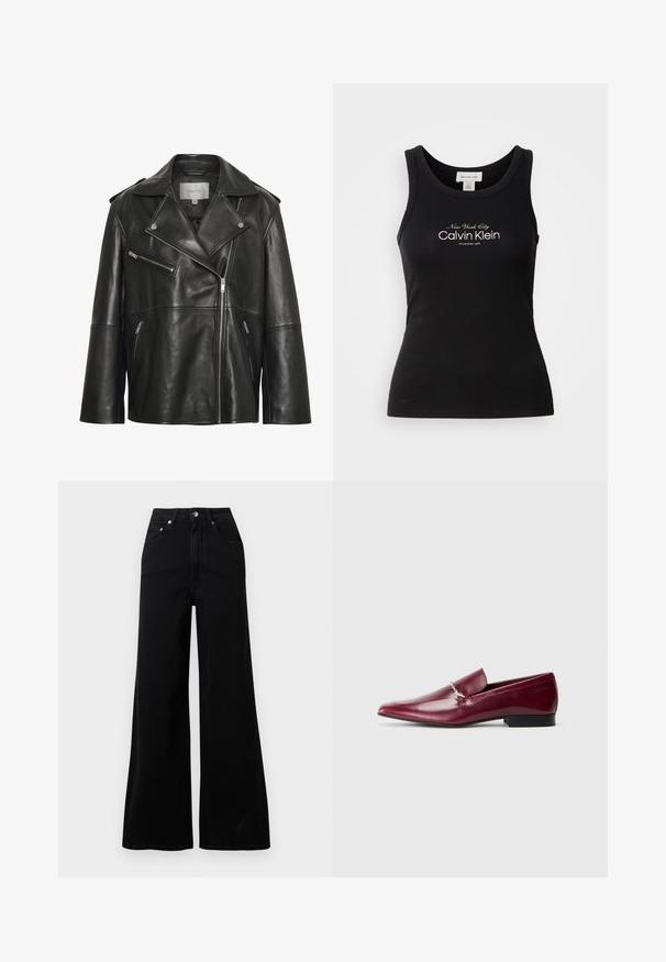Veste en cuir noire avec un large col cranté, une fermeture éclair frontale asymétrique et plusieurs poches zippées. Texture lisse et coupe ajustée.; Débardeur noir côtelé sans manches avec l'inscription "New York City Calvin Klein Established 1968" en blanc sur la poitrine.; Jeans larges noirs en denim, avec une taille haute, cinq poches, une fermeture à boutons sur le devant, et des détails de couture minimaux.; Mocassins en cuir bordeaux avec bout pointu et talon plat noir, ornés d'une chaîne en métal argenté sur le devant. Texture lisse.