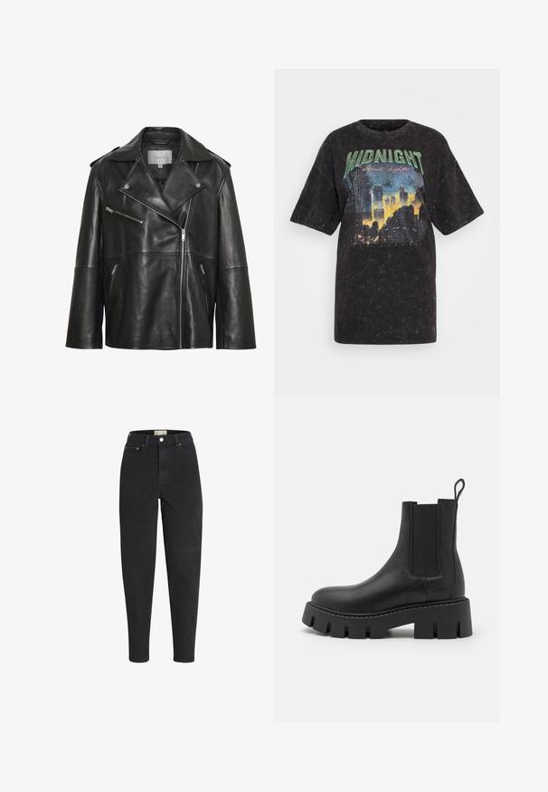 Sort læderjakke med bredt revers med hak, asymmetrisk frontlynlås og flere lynlåslommer. Glat tekstur og tætsiddende design.; ONLY Tall ONLLUCCA LIFE NIGHT BOX - T-shirts print - black; Sorte højtaljede jeans med tapered ben, lukkes foran med knap og lynlås, for- og baglommer samt detaljer med metalnitter.; Sorte læder ankelstøvler med elastiske sidepaneler, chunky tekstureret sål og en løkke på bagsiden for nem påtagning.