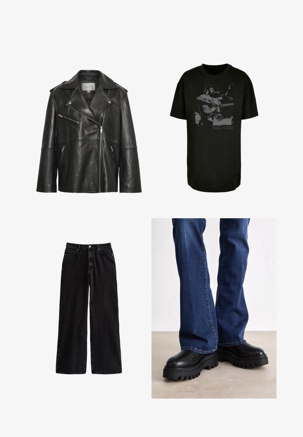 Chaqueta de cuero negra con solapa ancha con muesca, cremallera frontal asimétrica y varios bolsillos con cremallera. Textura lisa y diseño ajustado.; Camiseta de algodón negra con un gráfico monocromo de un músico con una guitarra acústica, que incluye el texto "Niall Horan" en la parte inferior.; Pantalones de denim negros de pierna ancha con una cintura alta, que cuentan con un clásico diseño de cinco bolsillos y un cierre de botón, fabricados con una resistente tela de algodón.; Botas de plataforma negras gruesas con suelas de goma texturizada, punta redondeada y parte superior de cuero suave, combinadas con jeans de campana azules.