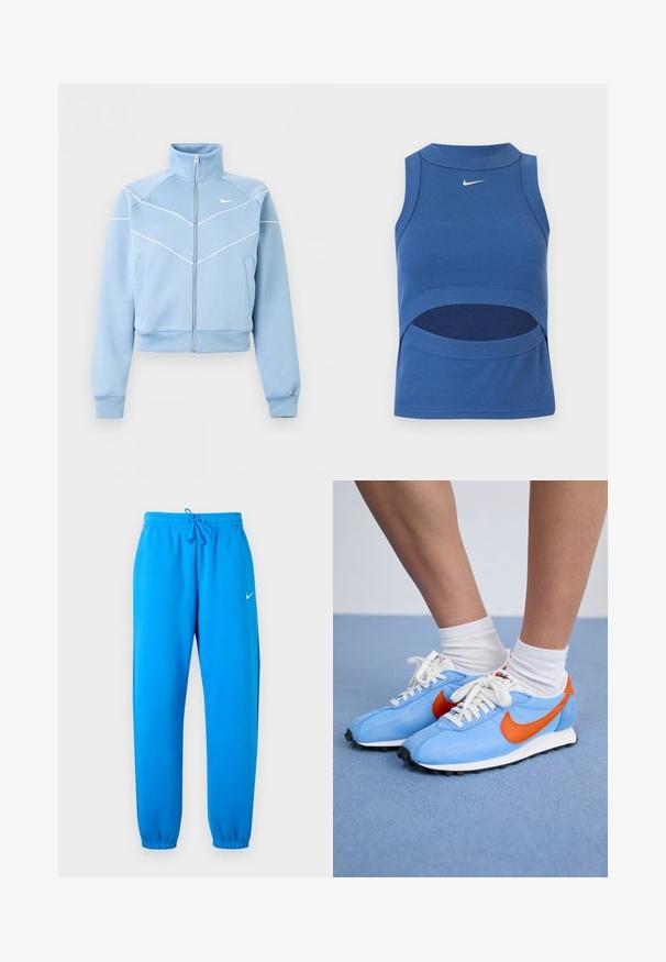 Lyseblå Nike lynlåstrøje med høj krave, hvide kantdetaljer og logo på venstre bryst, lange ærmer og forlommer.; Blå ærmeløs Nike crop top med høj hals og udskæring ved maven, ribbet stof og hvid Swoosh-logo foran midt på.; Lyseblå Nike sweatpants med elastisk talje, justerbar snor, elastiske manchetter og lille hvid Nike-logo på højre lår.; Blå mesh- og ruskinds sneakers med orange accenter og hvide snørebånd. Sort gummisål. Båret med hvide crew-sokker på en blå overflade.