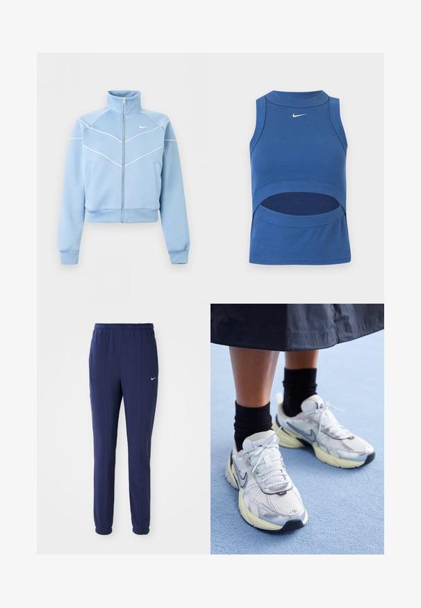 Chaqueta Nike azul claro con cremallera, cuello alto, detalles en ribete blanco y logo en el pecho izquierdo, mangas largas y bolsillos delanteros.; Top corto sin mangas azul de Nike con cuello alto y abertura en el abdomen, tela acanalada y logo Swoosh blanco en el centro delantero.; Pantalones deportivos azul marino con cintura elástica, piernas ajustadas y logo de Nike blanco en el lado izquierdo. Hechos de una tela suave.; Zapatillas Nike blancas y plateadas con tejido de malla, detalles reflectantes y una suela beige. Llevadas con calcetines negros, de pie sobre una superficie azul.