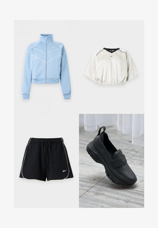 Lichtblauw Nike-jas met ritssluiting, hoge kraag, witte biesdetails en logo op de linkerborst, lange mouwen en voorkantzakken.; Witte cropped sporttop met zwarte V-hals boord, elastische tailleband, korte wijde mouwen en klein zwart Nike-logo aan de voorkant in het midden.; Zwarte atletische korte broek met witte biezen langs de randen, elastische tailleband met trekkoord en klein wit Nike-vinkje op het onderste linkerbeen.; Zwarte lederen instapschoen met een platte zool, een gestructureerde afwerking, een gevoerde bovenzijde en een gouden logo-accent. Ontworpen voor comfort en gemakkelijke draagbaarheid.
