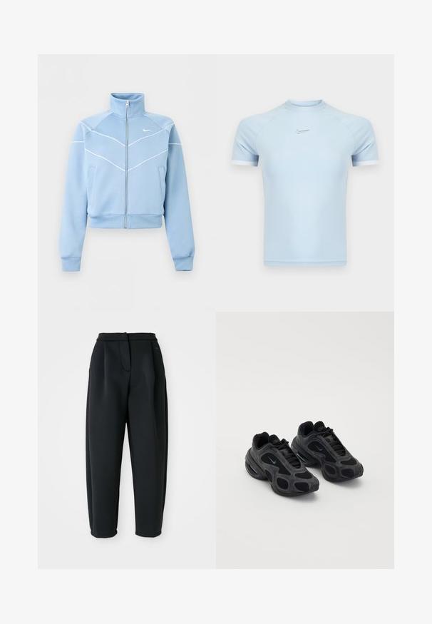 Hellblaue Nike-Reißverschlussjacke mit hohem Kragen, weißen Paspelierungen und Logo auf der linken Brust, langen Ärmeln und Fronttaschen.; Hellblaues sportliches Kurzarmshirt aus glattem Stoff. Verfügt über einen Rundhalsausschnitt und ein dezentes Nike-Logo auf der Brust, mit weißen Akzenten.; Schwarze Hose aus glattem Stoff, mit einem taillierten Bund, gefaltetem Vorderteil und schmal zulaufendem Bein mit umschlagenen Säumen.; Schwarze Nike-Sneaker mit Mesh- und Wildlederpaneelen, einzigartigen Ausschnitten und gepolsterten Kragen. Glänzende Akzente an den Seiten betonen ein modernes Design.