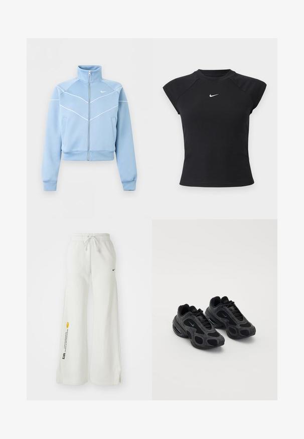 Lyseblå Nike lynlåstrøje med høj krave, hvide kantdetaljer og logo på venstre bryst, lange ærmer og forlommer.; Sort top med korte ærmer i ribbet tekstur, med rund halsudskæring og lille hvid Nike-logo på brystet.; Hvide, brede sweatsbukser med elastisk talje, snøre, sidespalter, sort Nike-logo og kontrasterende gul grafisk tekst.; Sorte Nike sneakers med mesh- og suede-paneler, unikke udsparinger og polstrede kraver. Skinnende accenter på siderne fremhæver et moderne design.