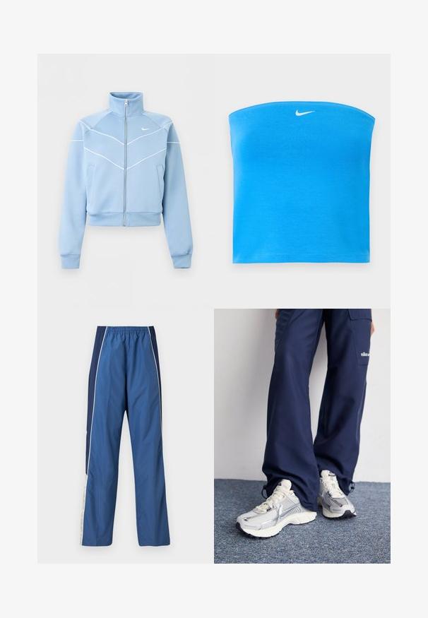 Chaqueta Nike azul claro con cremallera, cuello alto, detalles en ribete blanco y logo en el pecho izquierdo, mangas largas y bolsillos delanteros.; Top tubo sin tirantes de Nike en azul brillante con logo blanco Swoosh centrado cerca del borde superior.; Pantalones deportivos azules con una textura ligera y suave. Cintura elástica, panel lateral en azul oscuro a contraste y franjas blancas como acento.; Zapatillas deportivas Nike con parte superior de malla plateada, acentos blancos y suelas texturizadas, combinadas con pantalones azul marino de corte holgado.