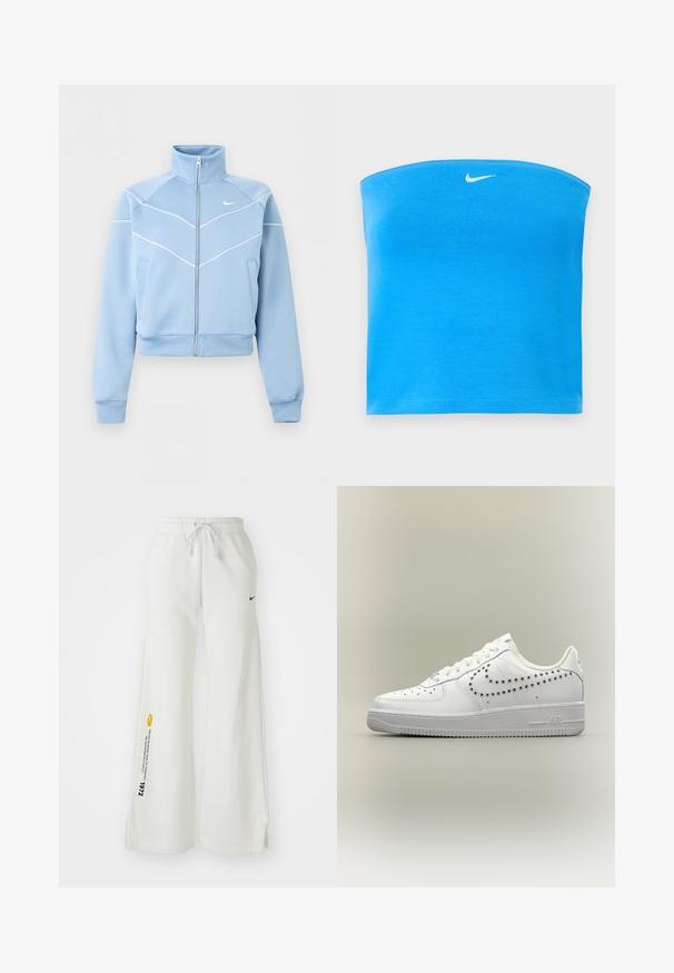 Chaqueta Nike azul claro con cremallera, cuello alto, detalles en ribete blanco y logo en el pecho izquierdo, mangas largas y bolsillos delanteros.; Top tubo sin tirantes de Nike en azul brillante con logo blanco Swoosh centrado cerca del borde superior.; Pantalones de chándal blancos y de pierna ancha con cintura elástica, cordón, aberturas laterales, logo negro de Nike y texto gráfico en amarillo contrastante.; Zapatilla baja blanca con diseño perforado del logo Nike en el lateral, cordones blancos y suela texturizada sobre un fondo neutro.