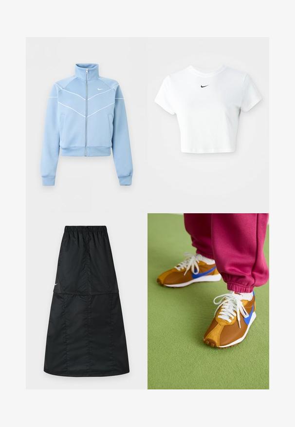 Lyseblå Nike lynlåstrøje med høj krave, hvide kantdetaljer og logo på venstre bryst, lange ærmer og forlommer.; Hvid kortærmet t-shirt lavet af bomuld, med korte ærmer og rund halsudskæring, og med et sort Nike-logo på brystet.; Sort atletisk nederdel lavet af let, glat nylonstof. Har elastisk taljebånd og et enkelt, langt, A-formet design.; Brune og blå sneakers med en blanding af mesh og ruskindsmaterialer, prydet med hvide snørebånd og en tekstureret brun sål, placeret på grønne gulve.