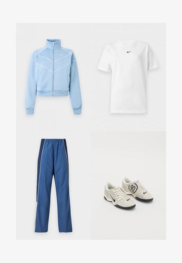 Lichtblauw Nike-jas met ritssluiting, hoge kraag, witte biesdetails en logo op de linkerborst, lange mouwen en voorkantzakken.; Wit T-shirt met korte mouwen en een ronde hals, met een klein zwart Nike Swoosh-logo centraal vlakbij de kraag.; Blauwe sportbroek met een lichtgewicht, gladde textuur. Elastische tailleband, contrasterend donkerblauw zijpaneel en witte accentstrepen.; Nike sneakers met een beige en grijze textuur bovenkant, zwarte accenten, een groot "90" logo en een witte vetersluiting. Zwarte zool.