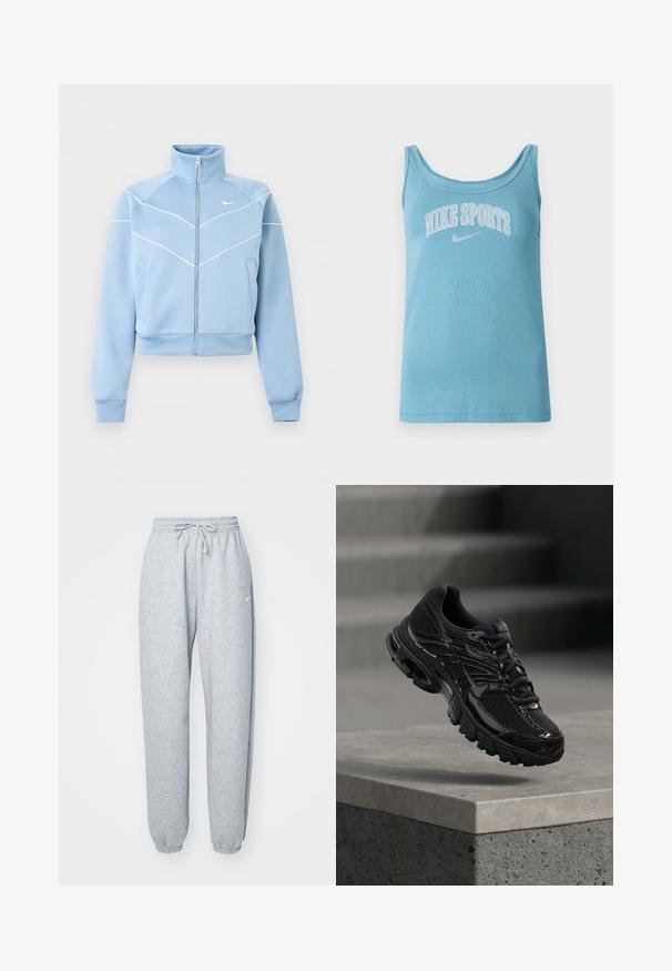 Lyseblå Nike lynlåstrøje med høj krave, hvide kantdetaljer og logo på venstre bryst, lange ærmer og forlommer.; Lysblå atletisk tanktop med bred rund hals, ærmeløst design og "NIKE SPORTS" trykt på brystet i hvid. Blødt bomuldsstof.; Lysgrå sweatpants lavet af blød bomuldsblanding, med elastisk talje og snoretræk, tapered ben og ribbede manchetter. Minimal brandingdetalje.; Sort Nike løbesko med mesh og syntetisk overdel, der svæver over en betonoverflade og trin i baggrunden.