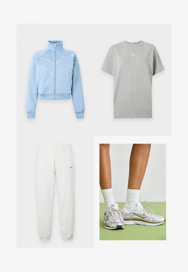Lichtblauw Nike-jas met ritssluiting, hoge kraag, witte biesdetails en logo op de linkerborst, lange mouwen en voorkantzakken.; Grijs katoenen T-shirt met korte mouwen, ronde hals en klein wit Nike swoosh-logo in het midden van de borst.; Lichtgrijze Nike joggingbroek met een elastische tailleband, taps toelopende boorden en een klein zwart logo op de linker dij. Zachte, gestructureerde stof.; Zilveren sportschoenen met witte en gouden accenten, voorzien van een mesh bovenkant, rubberen zool en een reflecterende afwerking. Sokken zichtbaar boven de enkel.