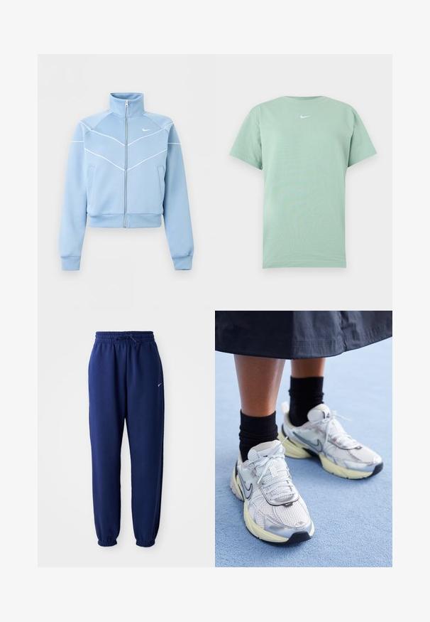 Lyseblå Nike lynlåstrøje med høj krave, hvide kantdetaljer og logo på venstre bryst, lange ærmer og forlommer.; Lysegrøn T-shirt med korte ærmer og rund hals med lille hvid Nike swoosh-logo centreret på brystet.; Mørkeblå sweatpants lavet af blødt stof, med elastisk talje med snøre, elastiske manchetter og et lille hvidt logo.; Hvide og sølv Nike sneakers med mesh-stof, reflekterende detaljer og en beige sål. Bæres med sorte sokker og står på en blå overflade.