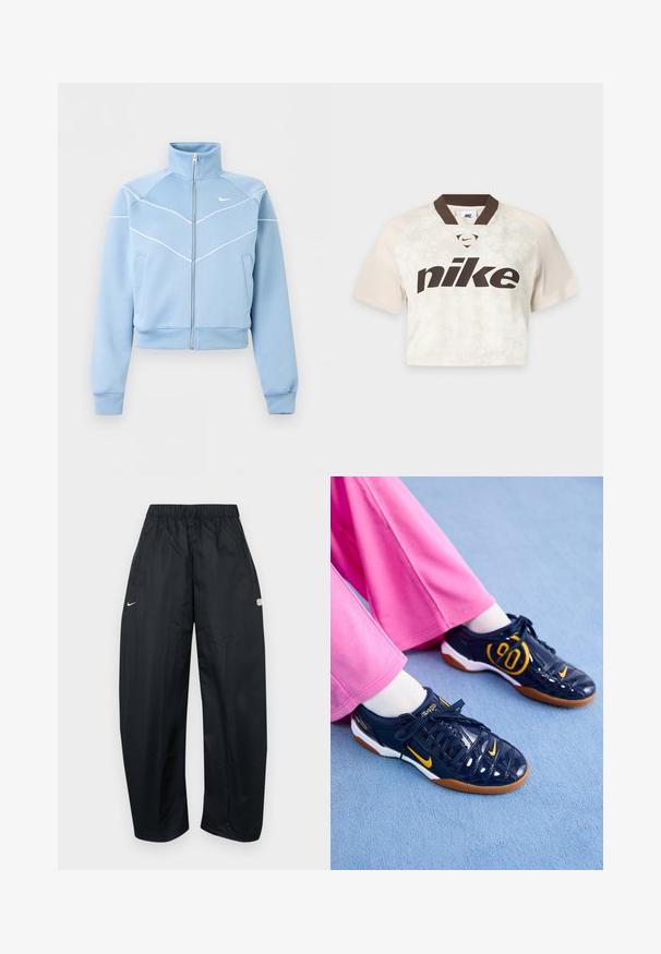 Lyseblå Nike lynlåstrøje med høj krave, hvide kantdetaljer og logo på venstre bryst, lange ærmer og forlommer.; Kortærmet, cropped Nike sportstrøje i beige med mørkebrun krave og stort Nike-logo på forsiden.; Sorte, løstsiddende træningsbukser lavet af let materiale. Har elastisk talje, justerbar snor og logo-accenter.; Mørkeblå syntetiske sneakers med orange accenter, der har en struktureret overdel, hvid sål og sorte snørebånd. Sammen med lyserøde bukser med vide ben.