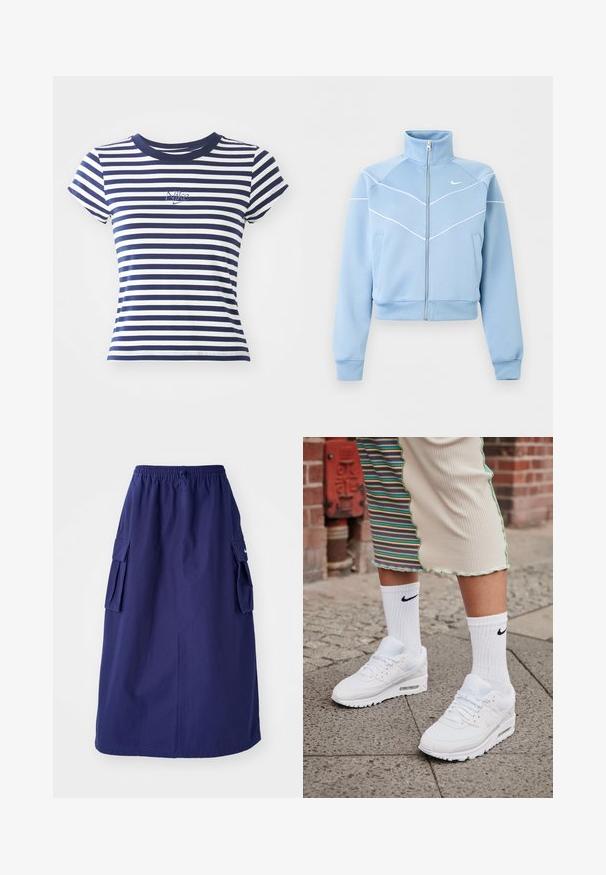 Chaqueta Nike azul claro con cremallera, cuello alto, detalles en ribete blanco y logo en el pecho izquierdo, mangas largas y bolsillos delanteros.; Camiseta de rayas azul marino y blanca, mezcla de algodón, con mangas cortas y cuello redondo, que presenta un pequeño logo de Nike bordado en el frente.; Falda azul marino de longitud media con una cinturilla elástica, que presenta dos bolsillos laterales tipo cargo y un detalle de logotipo minimalista. Textura de tela suave.; Zapatillas Nike Air Max 90 blancas con parte superior de malla y cuero, que cuentan con una unidad de aire visible, combinadas con calcetines blancos con relieve y logotipo negro.