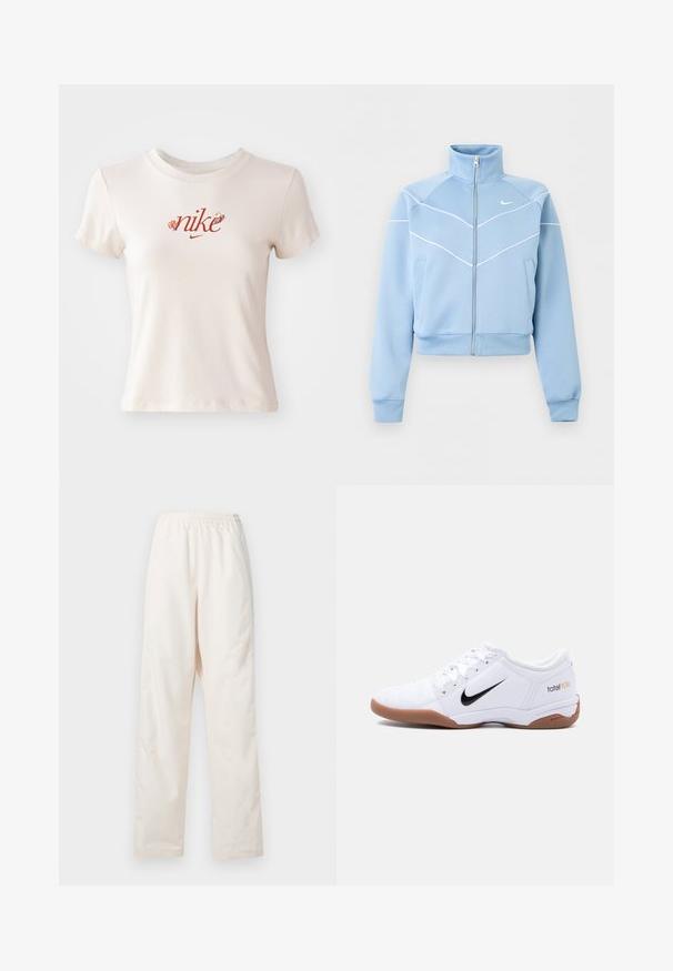 Chaqueta Nike azul claro con cremallera, cuello alto, detalles en ribete blanco y logo en el pecho izquierdo, mangas largas y bolsillos delanteros.; Camiseta de manga corta beige de algodón, con un logo rojo de "nike" adornado con acentos florales y un cuello redondo.; Pantalones de color crema con cintura elástica y corte de pierna recta, de ajuste suelto, exhibidos sobre un fondo blanco liso.; Zapatilla de fútbol sala Nike Total 90 III en blanco con el logo Swoosh negro y suela de goma, mostrada de lado sobre un fondo liso.