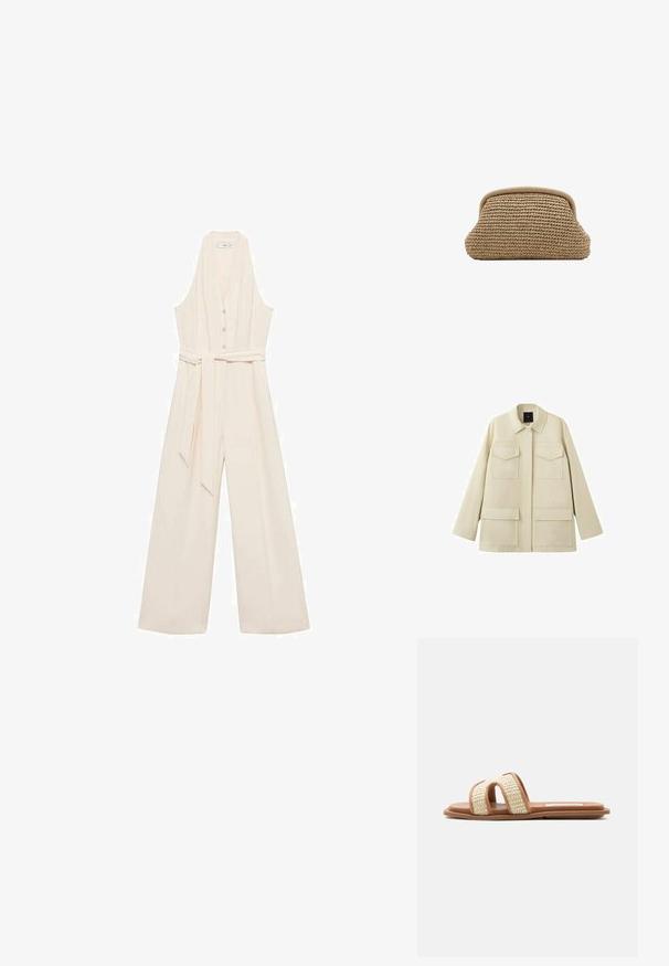 Beige jakke med lange ærmer, fire klaplommer foran og klassisk krave, vist på hvid baggrund.; Cremefarvet jumpsuit med dyb V-udskæring, knaplukning foran, brede ben og et matchende taljebælte for en skræddersyet silhuet.; Flad brun sandal med to vævede beige remme og et åbent tå-design på en ensartet lys baggrund.; Beige vævet clutchpung med afrundet topkant og blødt, tekstureret ydre, vist mod en hvid baggrund.