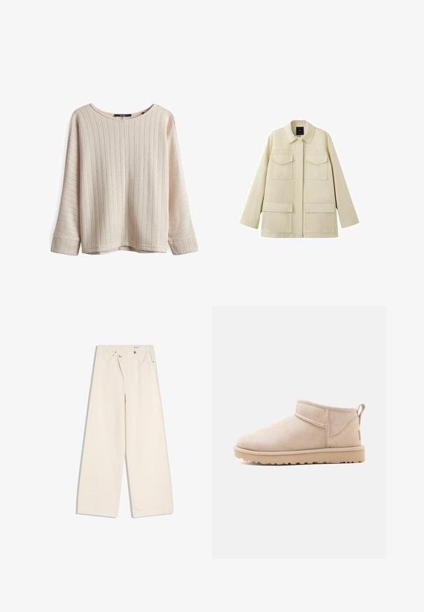 Beige Jacke mit langen Ärmeln, vier aufgesetzten Taschen auf der Vorderseite und klassischem Kragen, dargestellt vor weißem Hintergrund.; Helle beige Pullover mit vertikaler Rippung, weitem Boot-Ausschnitt und lockerer Passform. Strukturierter Stoff, lange Ärmel mit verlängerten Bündchen.; Off-White weite Hosen mit Vordertaschen, Gürtelschlaufen und silbernen Knöpfen an Bund und Taschenrändern.; Beiger Wildleder-Stiefelette mit flacher Sohle, sichtbaren Nähten und einer Lasche hinten vor einfarbigem weißem Hintergrund.