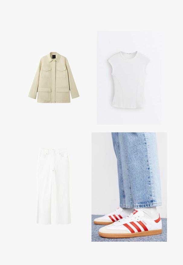 Veste beige à manches longues avec quatre poches à rabat sur le devant et un col classique, présentée sur un fond blanc.; Haut sans manches blanc côtelé avec encolure ronde et détails de coutures courbes sur un fond blanc uni.; Jean blanc taille haute avec jambes droites, design à cinq poches, fermeture par bouton et détail d'ourlet brut aux chevilles.; Baskets en cuir blanc avec des rayures et des accents rouges. Dotées d'une semelle extérieure en gomme texturée et d'un col rembourré. Portées avec un jean en denim bleu clair.