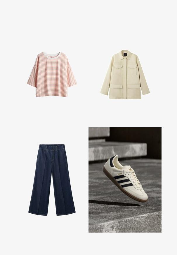 Beige Jacke mit langen Ärmeln, vier aufgesetzten Taschen auf der Vorderseite und klassischem Kragen, dargestellt vor weißem Hintergrund.; Gestreiftes Kurzarmoberteil aus leichtem Stoff. Mit cremefarbenen und hellorangen Streifen, rundem Halsausschnitt und seitlichen Schlitzen.; Dunkelblaue, weit geschnittene Jeans mit vorderen Falten, Gürtelschlaufen und sichtbaren Nähten.; Weißer Adidas Samba Sneaker mit schwarzen Streifen und Gummisohle, schwebend über strukturierten grauen Betontreppen.