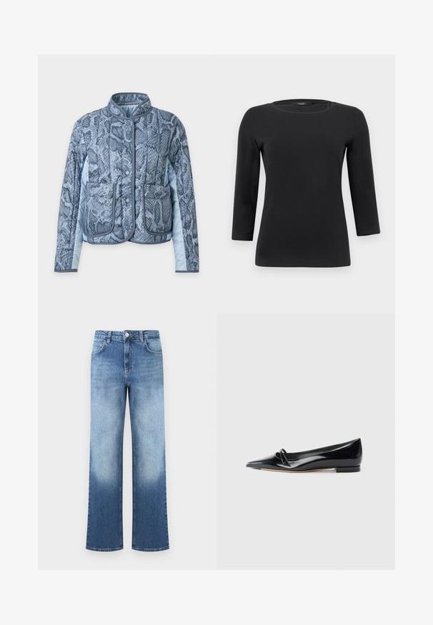 Veste matelassée bleu clair avec imprimé serpent bleu foncé, fermeture par boutons-pression, deux poches avant et col arrondi.; Chemise noire à manches longues avec col rond, silhouette ajustée et texture de tissu lisse et unie.; Jean en denim bleu taille haute avec un dégradé passant du bleu clair au bleu plus foncé, équipé de poches avant et d'une fermeture à bouton.; Chaussure plate en cuir verni noir avec un bout pointu, une petite lanière décorative et un petit talon carré. Texture lisse et design épuré.