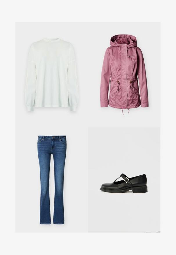 Veste à capuche rose avec fermeture éclair à l'avant, cordons de taille réglables, poche zippée sur la poitrine et deux poches à rabat de chaque côté.; Chemise blanche à manches longues en tissu léger. Comprend un col rond et des manches froncées pour une coupe décontractée. Design simple.; Jean bootcut en denim bleu avec poches avant, passants pour ceinture et fermeture par bouton, présenté sur un fond blanc uni.; Chaussure Mary Jane en cuir noir avec un bout rond, un design à bride en T, une boucle réglable et un petit talon empilé. Texture lisse avec peu de détails.
