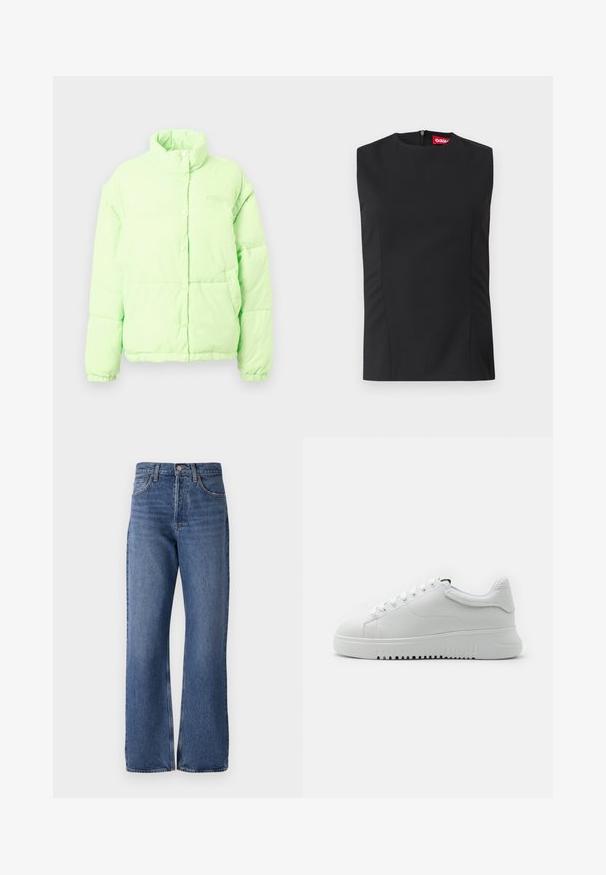 Veste matelassée vert clair avec un col haut, des boutons-pression et des poignets élastiques. Présente un logo sur la poitrine gauche et des poches latérales.; Top noir sans manches avec un col haut, des pinces sur le devant et une fermeture éclair invisible au dos. Fabriqué en tissu lisse avec une coupe structurée.; Jean en denim bleu avec taille haute, silhouette large, conception classique à cinq poches et décoloration subtile sur l'ensemble du tissu.; Baskets blanches avec une tige en cuir texturé, bout rond et lacets. Semelle en caoutchouc blanc épaisse avec un motif de traction texturé.