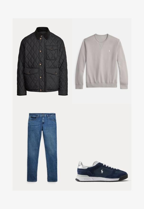 Schwarze gesteppte Jacke mit Kordkragen, drei vordere Taschen mit Knöpfen und goldenen Druckknöpfen in der Mitte.; Grauer Sweatshirt aus weicher Baumwollmischung, mit Rundhalsausschnitt, gerippten Bündchen und einem kleinen gestickten Logo auf der Brust.; Blaue Jeans aus Denim mit schmalem Schnitt, ausgestattet mit vorderen Taschen, Gürtelschlaufen und einem Knopfverschluss vor weißem Hintergrund.; Herren Polo Sneaker in Marineblau und Weiß mit Velours- und Mesh-Einsätzen, weißen Schnürsenkeln und Polo-Logo an der Seite und Ferse.