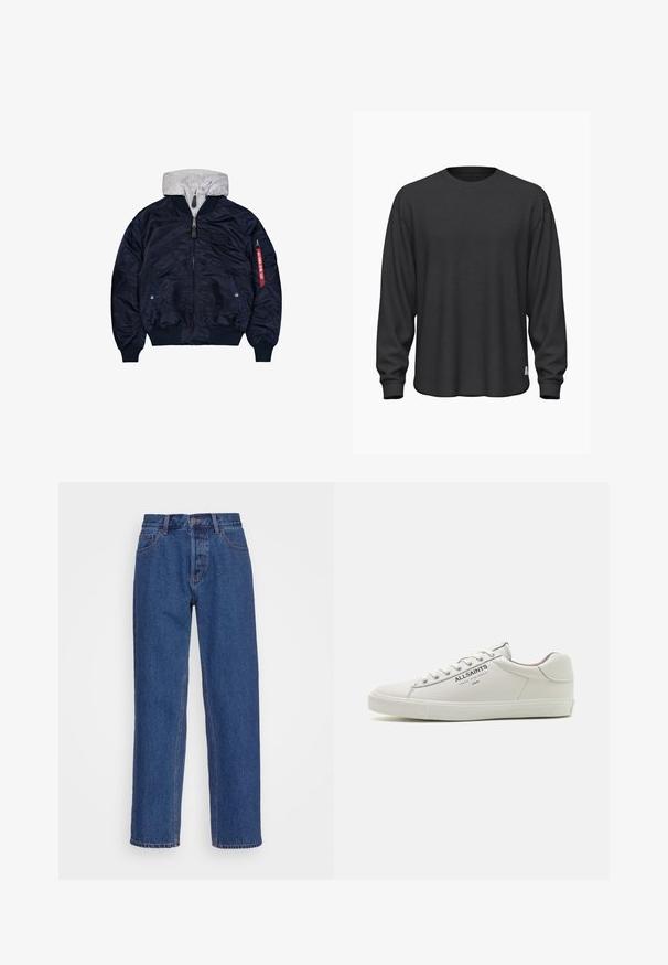 Marine Bomberjacke mit grauer Kapuzen-Sweatshirt innen, Reißverschlusstaschen, gerippte Bündchen und einem roten "Remove Before Flight"-Tag am Taschenärmel.; Schwarzes Langarm-Sweatshirt aus weichem Stoff mit Rundhalsausschnitt, lockerer Passform und gerippten Bündchen. Verfügt über ein dezentes Seitenetikett.; Blaue Jeans aus Denim mit einem klassischen geraden Bein-Design, ausgestattet mit einer hohen Taille, Gürtelschlaufen und dezenten Stickdetails.; Weiße Leder-Sneaker mit einem niedrigen Design, strukturiertem Gummisohle und dem "ALLSAINTS"-Logo an der Seite. Standard Schnürverschluss.