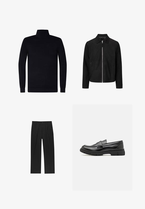 Sort ruskind langærmet jakke med sølv lynlås foran og klassisk krave på hvid baggrund.; Sort turtleneck sweater, ribbede manchetter og krave, blødt strikstof, let design, lange ærmer, ingen synlig branding eller mønstre.; Sorte bukser med lige ben, lavet af et glat stof. Har frontfolder og en enkelt knaplukning i taljen.; Sort læder loafersko med en bred rem over forfoden, gummisål med tykke mønstre og glat overflade. Klassisk, slankt design.