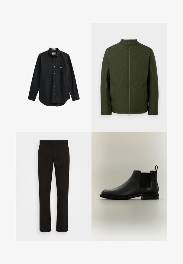 Veste matelassée verte avec col montant, fermeture éclair intégrale et motif de surpiqûres en diagonale ; dotée d'une fermeture éclair métallique et de détails à boutons-pression.; Chemise noire à manches longues avec boutons, col et poche poitrine comportant un petit logo brodé sur la poche.; Pantalon en coton noir avec une coupe droite, doté d'une fermeture à bouton, de passants de ceinture et d'une texture lisse. Aucun motif ni embellissement.; Bottine Chelsea en cuir noir avec panneaux latéraux élastiques et languette sur fond gris clair.