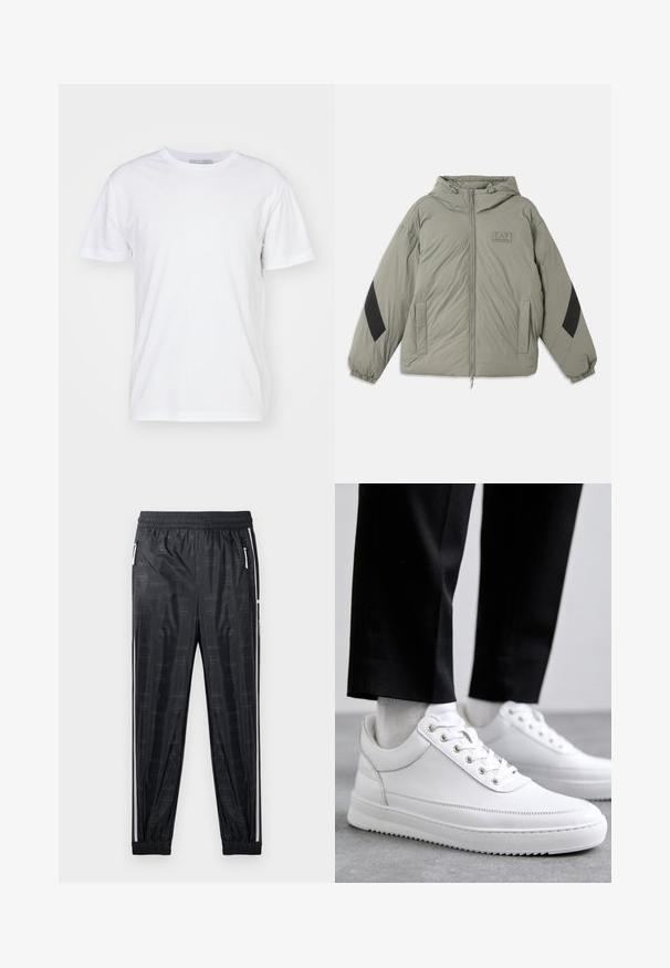 Dicker Parka in Olivgrün mit Kapuze, Reißverschluss, zwei Fronttaschen, schwarzen Akzenten an den Ärmeln und einem Logodetail auf der Brust.; Weißes Baumwoll-T-Shirt mit Rundhalsausschnitt, kurzen Ärmeln und geradem Schnitt. Keine Muster oder Verzierungen, glatte Textur und schlichtes Design.; Schwarze Sporthose mit glänzender Oberfläche, ausgestattet mit einem dezenten Logomuster, elastischem Bund und seitlichen Reißverschlusstaschen mit weißen Akzenten.; Weiße Leder-Sneaker mit flacher Gummisohle, ausgestattet mit einer glatten Oberfläche, runder Zehenpartie und Metallösen für die Schnürsenkel. Getragen mit schwarzen Hosen.