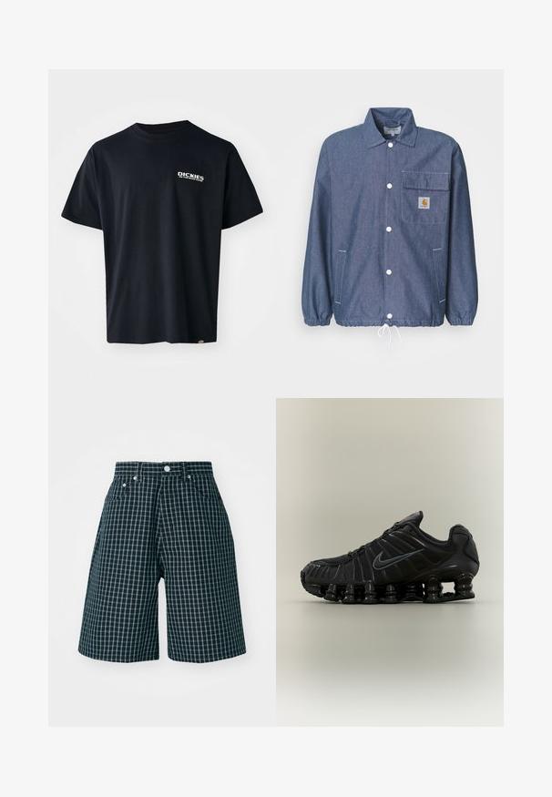 Chaqueta de mezclilla en azul oscuro con frente abotonado, bolsillo en el pecho, puños elásticos, dobladillo ajustable y parche con el logo de Carhartt en el bolsillo.; Camiseta negra de manga corta hecha de algodón, con un logo gráfico de texto blanco en el lado izquierdo del pecho, corte recto y una etiqueta en el lateral.; Pantalones cortos a cuadros en azul marino oscuro con patrón de rejilla blanca. Fabricados en tela tejida, presentan una cintura de altura media y bolsillos frontales.; Zapatilla de correr negra Nike con suela segmentada similar a un muelle, parte superior de malla y logotipo swoosh negro a juego en el lateral.