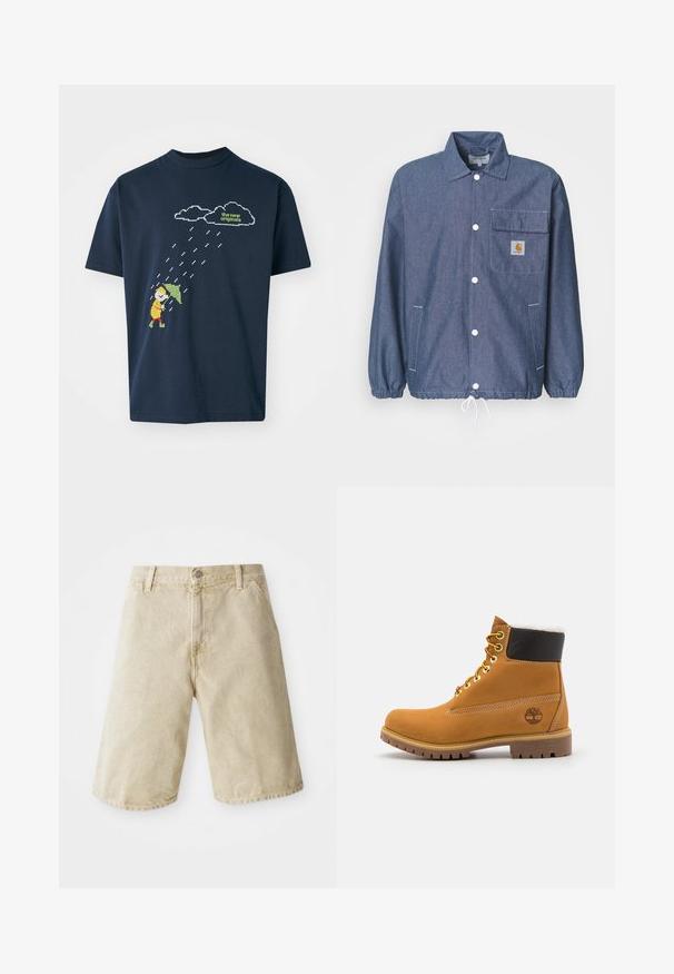 Chaqueta de mezclilla en azul oscuro con frente abotonado, bolsillo en el pecho, puños elásticos, dobladillo ajustable y parche con el logo de Carhartt en el bolsillo.; Camiseta de algodón azul marino con un gráfico pixelado de una figura con un paraguas bajo nubes y gotas de lluvia, con texto en la parte superior en verde claro.; Shorts de mezclilla beige con corte recto, cinco bolsillos, cierre frontal con botón y cremallera, y un sutil desgaste en la tela.; Botín de cuero marrón con ojales de metal, forro de piel sintética blanca, cuello acolchado negro, suela resistente y logotipo en relieve en el costado.