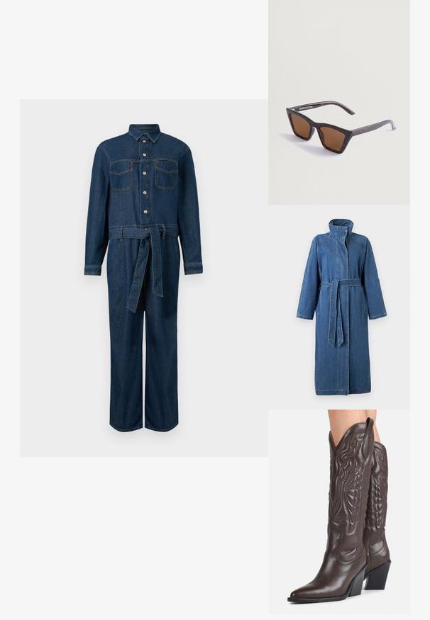 Lang blå denimfrakke med høj krave, lange ærmer, bælte foran og sidelommer mod en ensartet lys baggrund.; Mørkeblå denim jumpsuit med lange ærmer, frontknaplukning, to brystlommer og et bælte i taljen.; Mørkebrune læder cowboystøvler til knæene med spidse tæer, dekorativ syning og skrå blokhæle, båret af en person.; Skildpadde-sunglasses med en skarp, vinkelret form. Brune, tonede linser og slanke arme med brandlogoet i hvidt på den ene side.