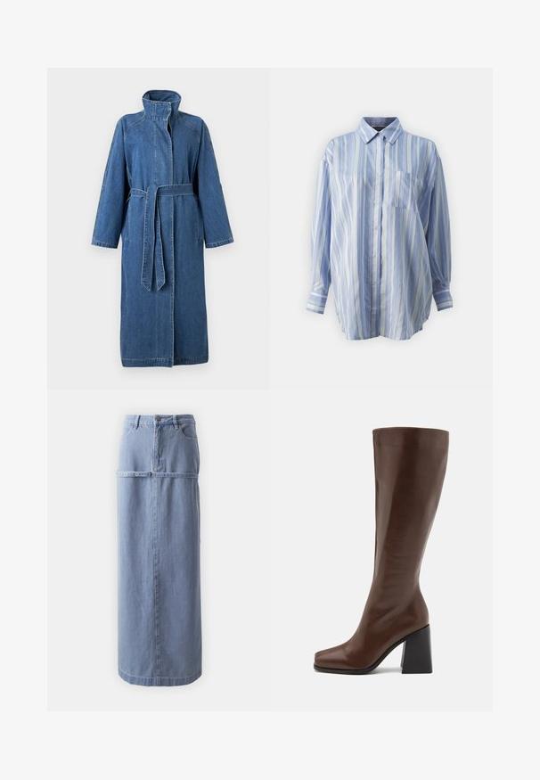 Long manteau en denim bleu avec col montant, manches longues, ceinture frontale et poches latérales sur un fond clair uni.; Chemise rayée bleu clair en tissu doux, avec un col pointu, des manches longues, une fermeture bouton et une poche poitrine gauche.; Jupe longue en denim bleu clair avec une silhouette droite, poches avant et un détail en bouton métallique à la taille. Tissu doux et texturé.; RAID RENZO - Bottes - brown