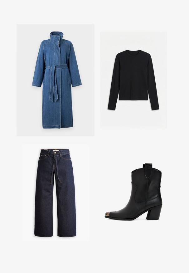 Langer blauer Denim-Mantel mit hohem Kragen, langen Ärmeln, Frontgürtel und Seitentaschen vor einem schlichten hellen Hintergrund.; Schwarzes Langarmshirt mit rundem Ausschnitt und figurbetontem, schlichtem Design, dargestellt vor weißem Hintergrund.; Weite, dunkelblaue Jeans aus Denim mit hoher Taille, ausgestattet mit einem Kordelzug, fünf Taschen und kontrastierenden Nähdetails.; Schwarzer Leder-Stiefelette mit leichtem Absatz, spitz zulaufender Spitze und metallischer Kappe. Schlichte Nahtführung und Zuglasche an der Rückseite.