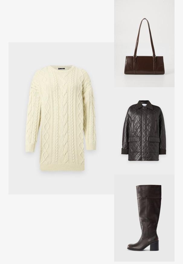 Veste en cuir synthétique marron matelassée avec un col, deux poches avant et des poignets en tricot. Présente une coupe décontractée et ample.; Pull en tricot couleur crème avec un motif torsadé, manches longues, poignets et ourlet côtelés, doté d'un col rond.; Botte en cuir marron hauteur genou avec un bout rond et un talon empilé. Présente une texture lisse et des coutures latérales.; Sac à main en cuir verni marron de forme rectangulaire, avec deux longues poignées et des accents courbés subtils à l'avant.