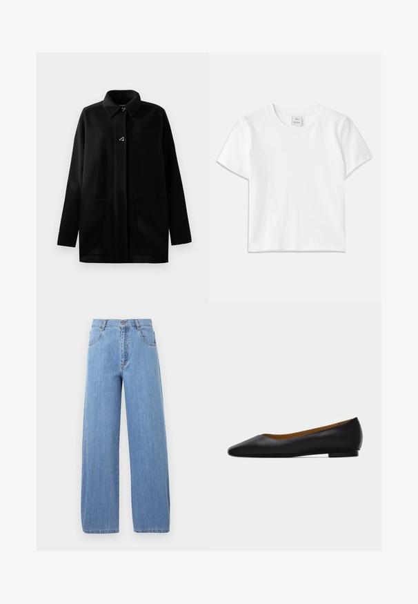 Manteau en laine noir avec un col, bouton en forme de triangle argenté, deux poches avant et manches longues. Texture douce et coupe décontractée.; T-shirt en coton blanc avec un col rond, des manches courtes et un ourlet droit. Étiquette marquée "Won Hundred" au centre de l'encolure.; Jeans en denim bleu clair à jambes larges, dotés d'une taille haute, de poches avant et de détails de couture subtils sur les coutures.; Chaussure plate en cuir noir à bout pointu avec talon bas et finition lisse, vue de côté sur un fond gris clair.