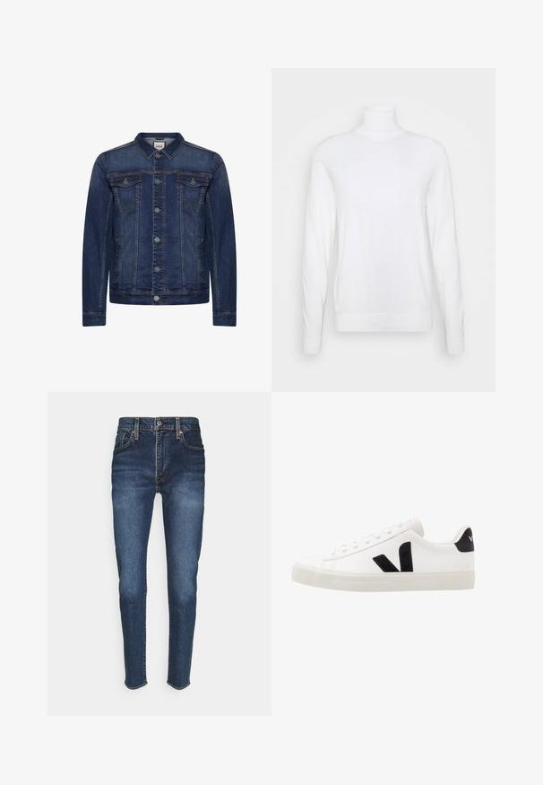 Donkerblauw spijkerjasje met knoopsluiting aan de voorkant, twee borstzakken met klep en zijzakken, voorzien van contrasterende stiksels en een klassieke kraag.; Witte coltrui met lange mouwen, gemaakt van een zachte stof. Heeft een aansluitend ontwerp en geribde manchetten en zoom. Geen patronen of accenten.; Donkerblauwe denim jeans met een aansluitend ontwerp, voorzien van vijf zakken, een knoopsluiting aan de voorkant en oranje stiksels.; Witte leren sneaker met zwarte suède accenten; voorzien van een rubberen zool, ronde neus en een klassieke vetersluiting. Zijkant met logo in het zwart.