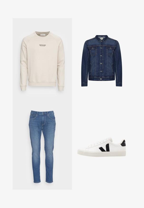 Donkerblauw spijkerjasje met knoopsluiting aan de voorkant, twee borstzakken met klep en zijzakken, voorzien van contrasterende stiksels en een klassieke kraag.; Crème-kleurige sweatshirt met raglanmouwen, ribgebreide manchetten en zoom. Bevat een zwart tekstlogo aan de voorkant. Zacht, geweven stof.; Blauwe denim jeans met een slanke pasvorm, voorzien van een sluiting met een vooraan gelegen knop en rits, vijf zakken en subtiele vervagingen door de stof.; Witte leren sneaker met zwarte suède accenten; voorzien van een rubberen zool, ronde neus en een klassieke vetersluiting. Zijkant met logo in het zwart.