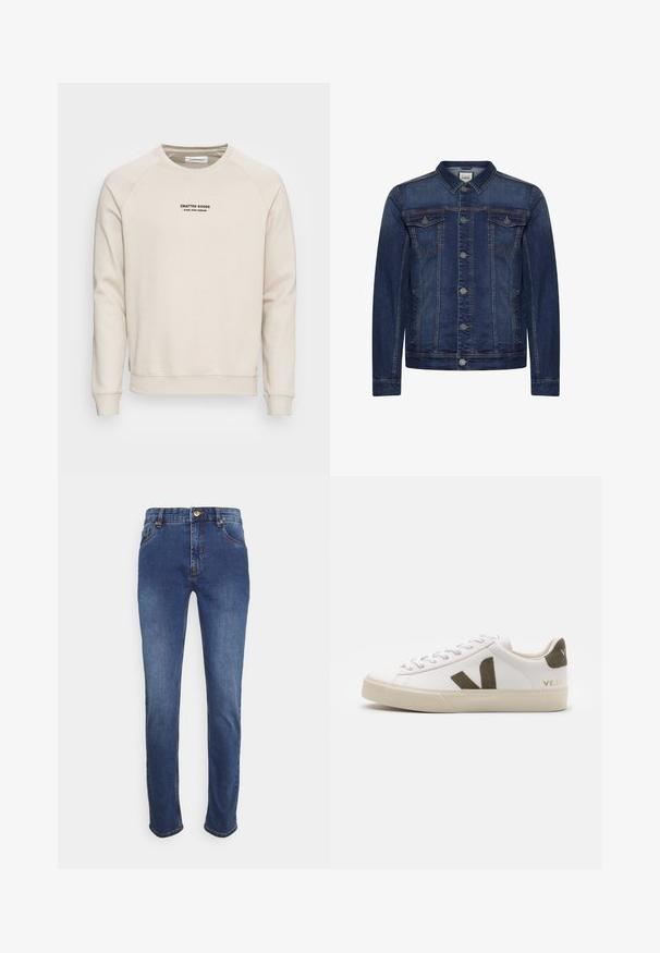 Mørkeblå denimjakke med knaplukning foran, to brystlommer med klap og sidelommer, med kontrastsyninger og klassisk krave.; Cremefarvet sweatshirt med raglanærmer, ribbede manchetter og kant. Har et sort tekstlogo på fronten. Blødt, tekstureret stof.; Dongeribukser i mørkeblå, med en klassisk lige pasform, fem lommer, guldknaplukning og subtile syninger langs sømmene.; Hvide læder sneakers med en lys beige gummisål. Har en brun ruskinds V-logo og hælflap. Snørret lukning med en struktureret overflade.