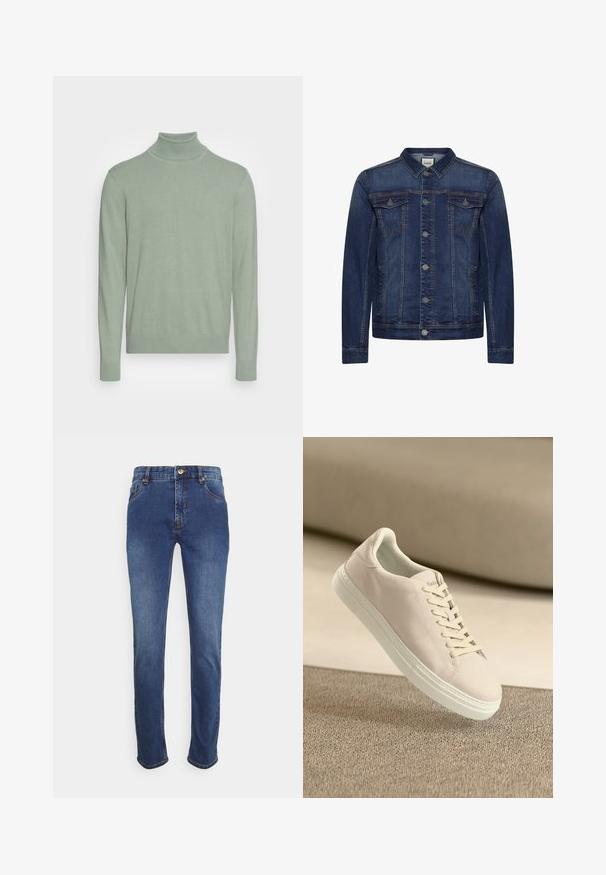 Veste en jean bleu foncé avec boutons devant, deux poches poitrine à rabat et des poches latérales, surpiqûres contrastées et col classique.; Pull col roulé vert clair à manches longues avec poignets et bas côtelés, présenté sur un fond blanc uni.; Jeans en denim bleu foncé, avec une coupe droite classique, cinq poches, fermeture à bouton doré et détails de couture discrets le long des coutures.; Baskets en suède beige avec semelle et lacets blancs, présentées en suspension au-dessus d'un tapis beige texturé sur fond beige doux.
