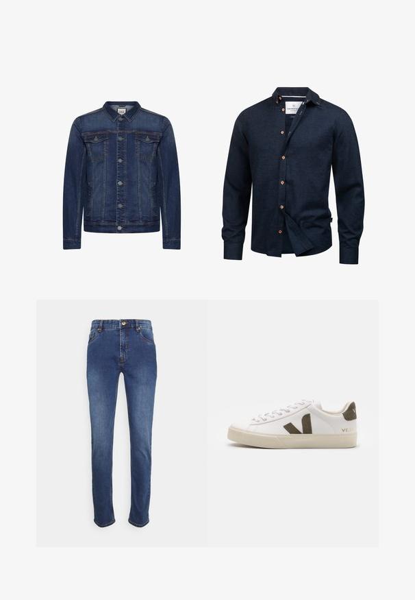 Dunkelblaue Jeansjacke mit Knopfleiste, zwei Brusttaschen mit Patte, Seitentaschen, Kontrastnähten und klassischem Kragen.; Dunkel marineblaues Herrenlangarmhemd mit braunen Knöpfen und einem kleinen Stehkragen, vorne teilweise aufgeknöpft.; Dunkelblaue Jeans aus Denim im klassischen geraden Schnitt, mit fünf Taschen, goldener Knopfverschluss und dezentem Steppdetail an den Nähten.; Weiße Leder-Sneaker mit einer hellbeigen Gummisohle. Mit braunem Wildleder-V-Logo und Fersenlasche. Schnürverschluss mit texturierter Oberfläche.