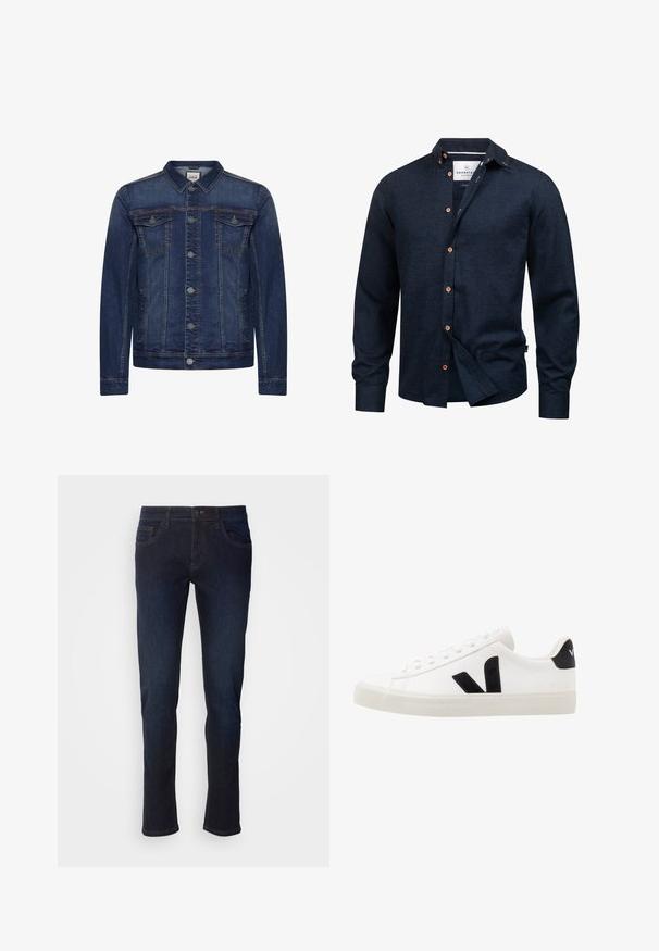 Donkerblauw spijkerjasje met knoopsluiting aan de voorkant, twee borstzakken met klep en zijzakken, voorzien van contrasterende stiksels en een klassieke kraag.; Donker marineblauw herenen overhemd met lange mouwen, bruine knopen en een kleine opstaande kraag, gedeeltelijk opengeknoopt aan de voorkant.; Donkerblauwe denim jeans met een rechte pijp, voorzien van voorzakken, een ritssluiting en subtiele stikdetails.; Witte leren sneaker met zwarte suède accenten; voorzien van een rubberen zool, ronde neus en een klassieke vetersluiting. Zijkant met logo in het zwart.