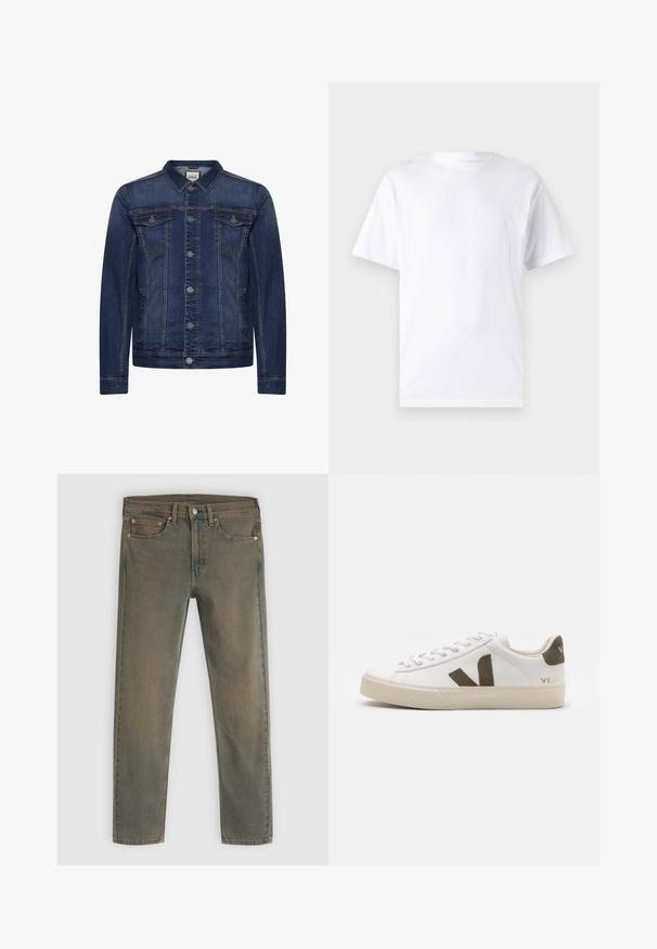 Donkerblauw spijkerjasje met knoopsluiting aan de voorkant, twee borstzakken met klep en zijzakken, voorzien van contrasterende stiksels en een klassieke kraag.; Witte T-shirt met korte mouwen, gemaakt van katoen, met een ronde hals. Het heeft een gladde textuur en een eenvoudig ontwerp zonder patronen of accenten.; Donkergroene denim jeans met een recht gesneden ontwerp, vijf zakken en koperen hardwareaccenten. De vervaagde textuur geeft een versleten uitstraling.; Witte leren sneakers met een lichtbeige rubberen zool. Voorzien van een bruine suède V-logo en hieltab. Gespsluiting met een gestructureerd oppervlak.