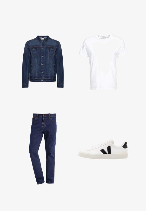 Dunkelblaue Jeansjacke mit Knopfleiste, zwei Brusttaschen mit Patte, Seitentaschen, Kontrastnähten und klassischem Kragen.; Weißes Baumwoll-T-Shirt mit rundem Ausschnitt und kurzen Ärmeln, im klassischen Schnitt und mit glatter Textur. Keine sichtbaren Muster oder Hardware.; Dunkelblaue gerade geschnittene Denim-Jeans mit Vordertaschen, Knopfverschluss, Gürtelschlaufen und sichtbaren Nähten.; Weiße Leder-Sneaker mit schwarzen Wildlederelementen; verfügen über eine Gummisohle, eine runde Spitze und ein klassisches Schnürdesign. Seitliches Logo in Schwarz.