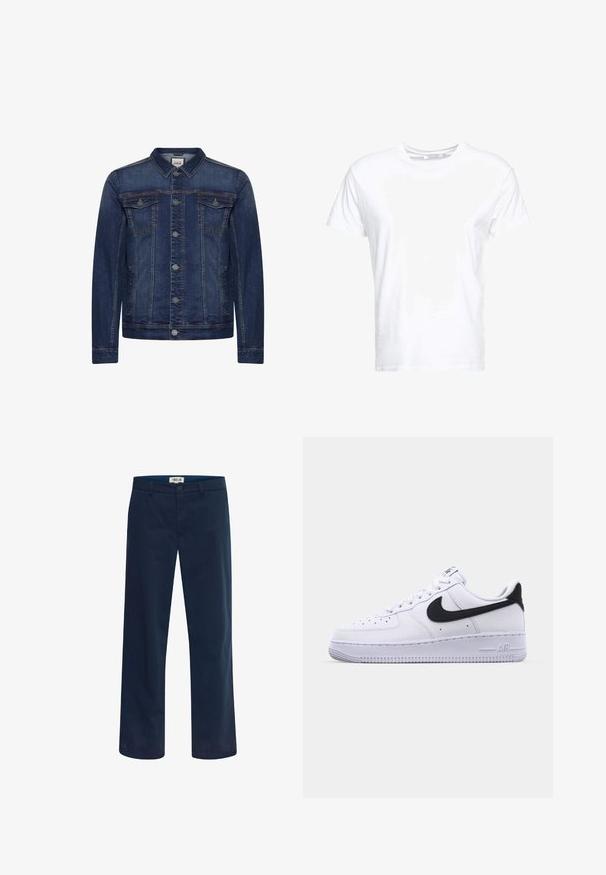 Veste en jean bleu foncé avec boutons devant, deux poches poitrine à rabat et des poches latérales, surpiqûres contrastées et col classique.; T-shirt en coton blanc avec un col rond et des manches courtes, au fit classique et à la texture lisse. Aucun motif ni accessoire visible.; Pantalon bleu marine droit avec fermeture à bouton et zip, passants pour ceinture et poches avant, présenté sur fond blanc.; Sneaker en cuir blanc avec un Swoosh noir texturé, des lacets plats et une semelle en caoutchouc avec un motif strié. "AIR" est embossé sur le talon.